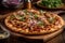 A thin crust pizza topped with tender pulled pork, red onions, and mozzarella cheese. The pizza is baked to perfection and served