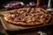 A thin crust pizza topped with tender pulled pork, red onions, and mozzarella cheese. The pizza is baked to perfection and served