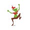 Thin goblin in christmas hat. Green troll in cartoon style. Fantasy monster in santa cotume. Jumping gremlin