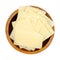 Thin Grana Padano cheese slices, similar to parmesan, in wooden bowl