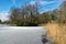 A thin layer of ice with snow on the pond in the forest.