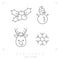 Thin line christmas icons. Holly berries, snowmen in hat, reindeer and snowflake.