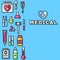 Thin line first medical aid modern illustration concept. Infographic way from medicine chest to equpment. Icons on isolated white