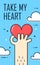 Thin line flat design. Greeting card with hand and heart. Take my heart. Vector banner