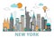 Thin line flat design of New York city. Modern New York skyline with landmarks vector illustration.