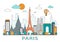 Thin line flat design of Paris city. Modern Paris skyline with landmarks vector illustration, isolated.