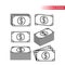 Thin line fully editable stack of dollar money icons. Banknote icon set. Pile of money icons.