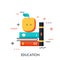 Thin line icon with flat design element of shelf with books and apple, science fiction literature, education information, learn