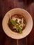 Thin noodle soup, meatballs with fresh bean sprouts and basil