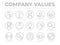 Thin Outline Company Values Round Gray Icon Set. Integrity, Leadership, Quality, Value, Respect, Trust, Positivity, Honesty,