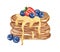 Thin pancakes with sweet maple syrup or honey and fresh raspberries and blueberries. Hand drawn watercolor illustration