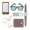 Things a man carries with him: a watch, a phone, headphones, keys, wallet, chewing gum, sunglasses, headphones.