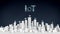 Things WI-FI icon on Smart city, connecting grid typo `IOT`, white building.