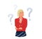Think concept vector background. Thoughtful blond woman looking up thinking about solve problem. Question sign marks