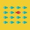 Think different concept, one red unique different fish swimming opposite way of identical blue ones, vector, illustration