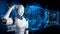 Thinking AI hominoid robot analyzing hologram screen shows concept of network