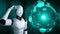 Thinking AI hominoid robot analyzing hologram screen shows concept of network