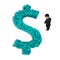 Thinking businessman standing, dollar sign money, 3d characters big data