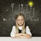 Thinking child girl with question signs and light idea bulb, education concept