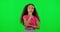 Thinking, child portrait and green screen with youth, decision and choice of girl. Young child, doubt and confused with