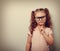 Thinking cute kid girl looking confident in eyeglasses. Vintage