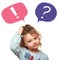 Thinking cute small kid girl with question and exclamation signs in bubbles