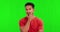 Thinking, doubt and face of an Asian man on a green screen for a solution, planning or ideas. Serious, question and