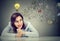 Thinking happy young business woman sitting at desk planning