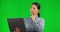 Thinking, laptop and business woman on green screen for email marketing, copywriting or article ideas. Professional