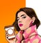 Thinking Pop Art woman with coffee cup. Advertising poster or party invitation with sexy girl with amazed face in comic style.