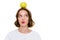 Thinking pretty caucasian woman holding apple on head