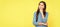 thinking teen girl with long hair on yellow background, think. Child face, horizontal poster, teenager girl isolated