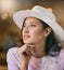 Thinking, woman and restaurant of a young person with a beer glass with bokeh light. Beautiful, contemplating and female