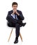 Thinking, young businessman and portrait on chair in studio mockup, with start up idea and professional. Person, face