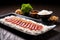 thinly-sliced seared tuna steak garnished with raw sesame seeds