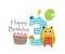 Third birthday greeting card. Cute owl, balloon and birthday cake vector background