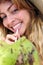 Thirsty woman drinking coconut water, close-up