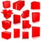 Thirteen red Shipping Box and Software Boxes for layouts and presentation design