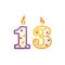 Thirteen years anniversary, 13 number shaped birthday candle with fire on white