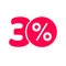 Thirty percent off discount or 30 offer label vector promotion, flat red number 30 with price save percentage sign icon