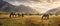 Thoroughbred Horses grazing with green beautiful mountain background in morning, AI generative