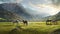 Thoroughbred Horses grazing with green beautiful mountain background in morning, AI generative