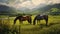 Thoroughbred Horses grazing with green beautiful mountain background in morning, AI generative