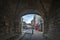 Thoroughfare under Monk Bar, main gatehouses or bars of York City Walls, leading to old city of York, England, UK