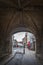 Thoroughfare under Monk Bar, main gatehouses or bars of York City Walls, leading to old city of York, England, UK