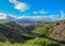 Thorsmork valley with green vegetation of moss, fern, birchwood under blue sky in sunny summer day, Iceland