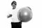 Thoughful happy fat black African woman smiling while holding exercise ball and apple ready for gym