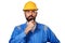 Thoughtful bearded middle age man in hard hat, foreman or repairman in the helmet touching his beard and thinking thoughtful with