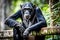 Thoughtful chimpanzee looks straight into the camera from atop a rusty, weathered metal fence