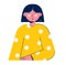 Thoughtful girl. Child in yellow pajamas with spots with surprise and doubt
